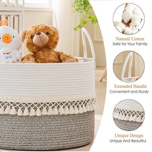 Image of KAKAMAY Cotton Rope Storage Basket (20 inchx13 inch),Woven Hamper for Blankets,Toys,Pillows,Clothes,Laundry,Sturdy Handles Decorative Basket for Living Room, Bedroom,Nursery(Beige Fringe)