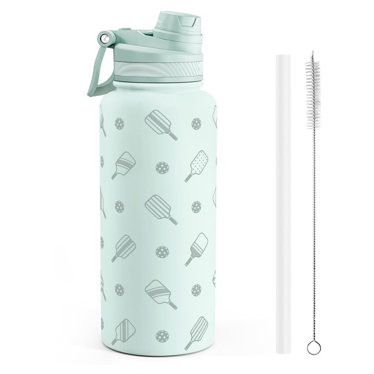 SANDJEST Pickleball Stainless Steel Water Bottle with Strap 32oz, Insulated Bottles with Straw and Spout Lid for Gym Sports Travel Outdoor, Gifts for Women Girls Birthday Christmas