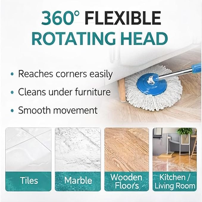 Image of Boo-BEE Spining Mop Set | 5 Year Warranty ON Side|Adjustable Heavy Duty Mop Rod for Floor Cleaning | Stainless Steel Handle & Total 1 Microfiber Refills