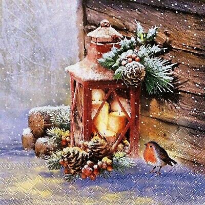 Set of 2 Individual Decoupage Paper Party Napkin CHRISTMAS ROBIN LANTERN Watercolor Decor Luncheon Napkins for a Birthday holiday, Wedding, Cocktail Party
