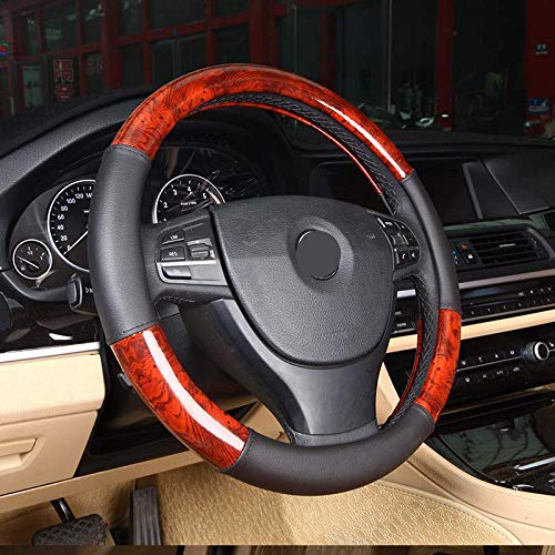 Xihaoer Madera Grano Efecto de cuero Cubierta del volante de madera para hombres 38 cm (Negro) Cover