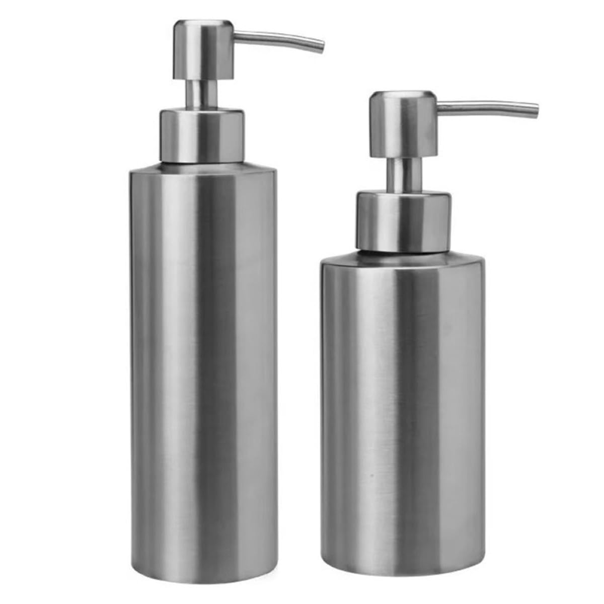 NUOBESTY 2 Stück Edelstahl Press Seifenspender 250ml und 350ml Wiederbefüllbar Zylindrisch für Küche und Badezimmer Einfache Reinigung Modernes Kompaktes Design