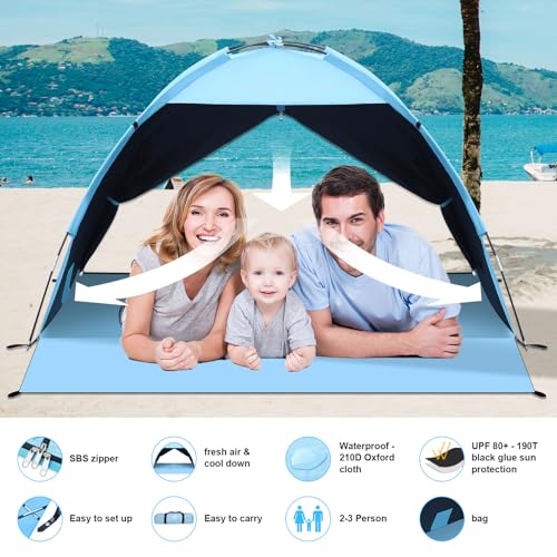 Strandmuschel, UV Schutz 80+ Strandzelt 2-3 Personen Familie Zelt Stabil Windschutz mit Vorder und Hintertür Luftzirkulation SBS Reißverschluss Tragetasche Kleines Packmaß für Strand, Garten