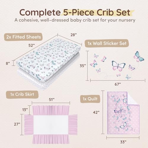 Image of Butterfly Baby Crib Bedding Set Girl 28 inchx52 inch, 8 inch Deep Pocket - 5 pcs Baby Bedding Set with Blanket, 2 Crib Sets for Girls Cotton Fitted Sheets, Skirt, and Butterfly Wall Sticker - White & Pink
