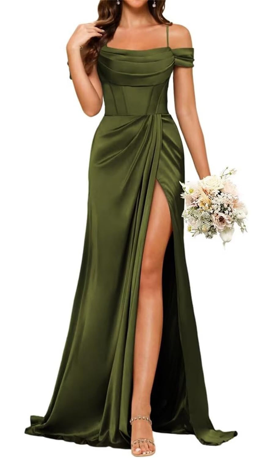 Yiann Women's Olive Green Cold Shoulder Satin Bridesmaid Dresses For Wedding Pleated Long Mermaid Prom Dress With Slit Uk8
