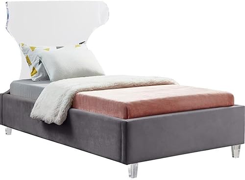 Vista 9 de Meridian Furniture Colección Ghost Modern Cama tapizada de terciopelo contemporánea con cabecera y patas acrílicas, tamaño individual, color azul