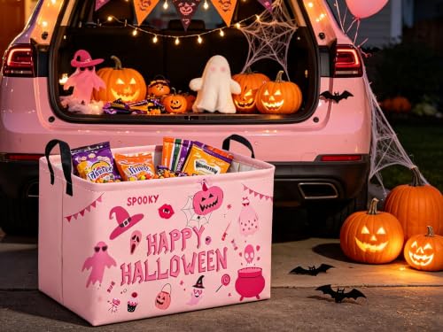 Image of Sanjiaofeng Rectangular Pink Halloween Ghost Storage Basket,Waterproof Foldable Storage Baskets,Trick or Treat Halloween Basket,Halloweens Party Candy Gift Baskets(Pink Ghost)