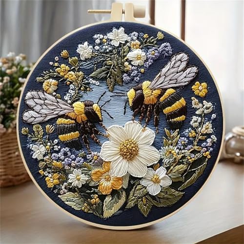 Image of Huacan Embroidery Kit for Beginners Adults Includes Stamped Bees Pattern, Hoop, Color Threads,Tools,Easy to Follow Instruction