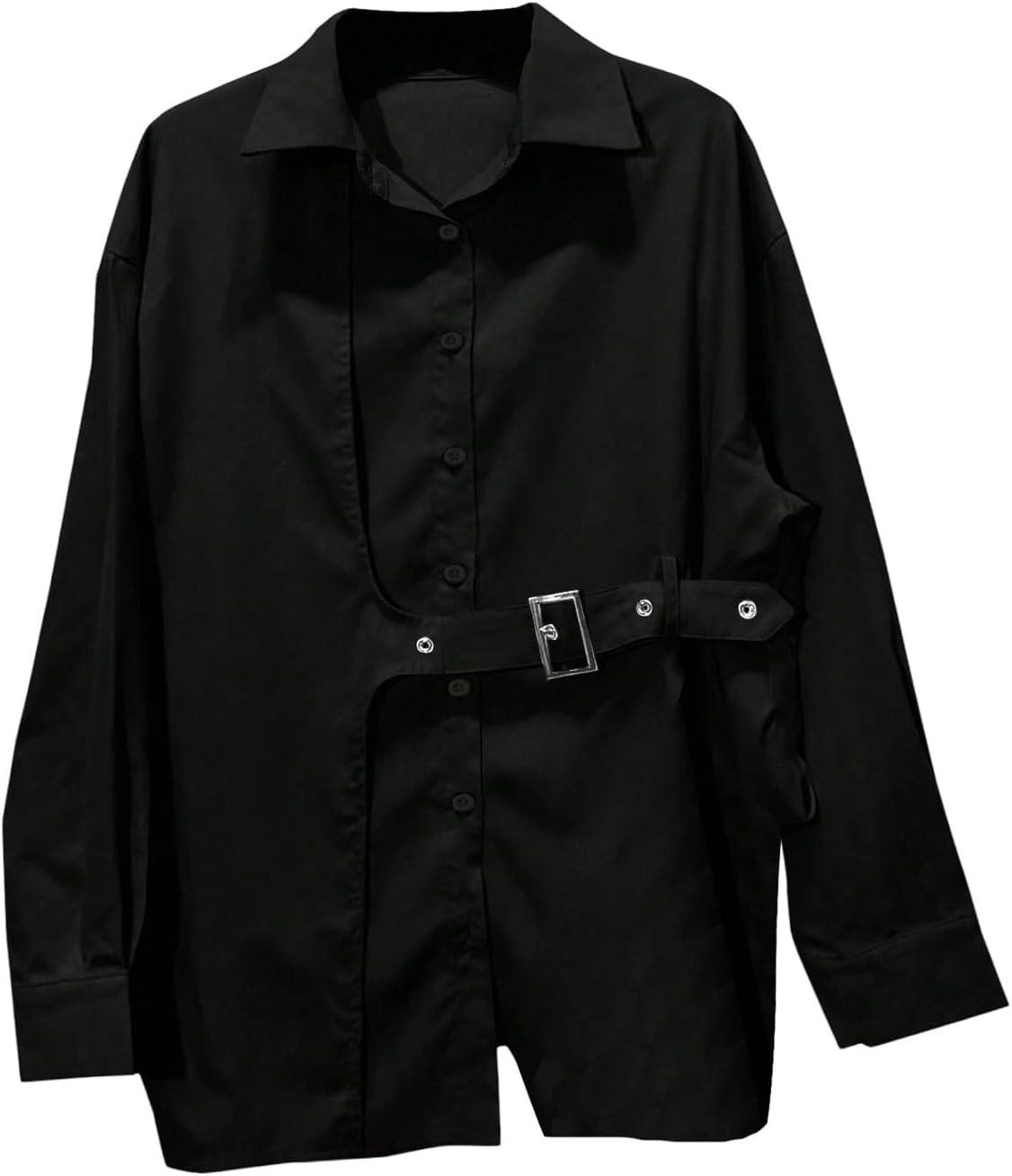 Verdusa Women's Oversized Button Down Shirts Asymmetrical Long Sleeve Shirt Buckle Dressy Casual Blouse