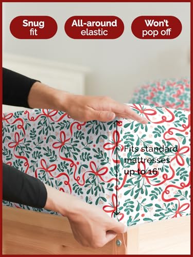 Queen Christmas Ribbon Sheet Set - Holiday Xmas Pattern Bedding Set - Deep Pockets - Snug Fit - 4 Piece - Wrinkle Free & Easy Care - Comfy Festive Winter - Holiday Sheets for Women, Men, Kids & Teens
