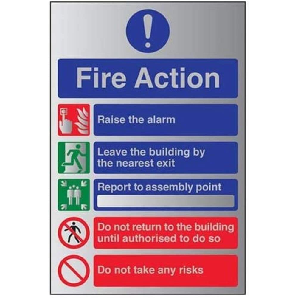 V SafetyGeneral Fire Action 5 Message Risks Sign - 200mm x 300mm - 3mm Brushed Alu Comp