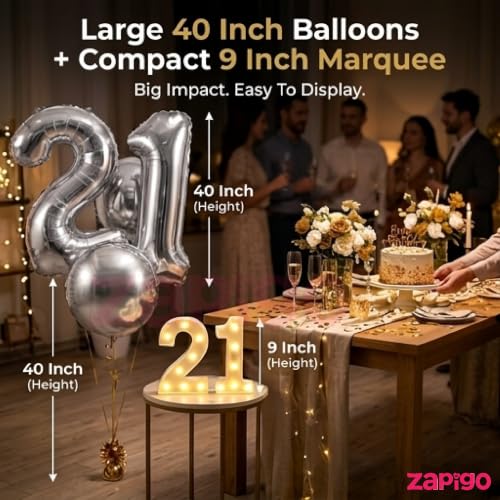Image of Balloonistics Silver 40-Inch Foil Number 5 Balloon with Matching LED Marquee Light - Combo Set for 5th Birthday, Anniversary, Party Decoration, Photo Booth Backdrop