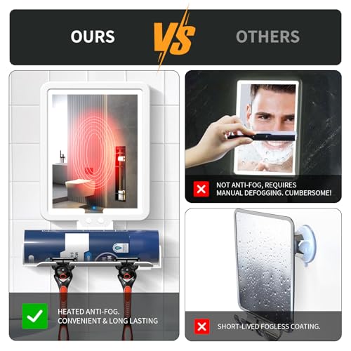 Fogless LED Shower Mirror for Shaving - Large Rechargeable Anti-Fog with Storage Tray & Razor Holders