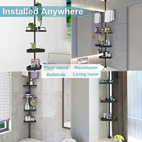 Tension Shower Caddy Corner Organizer For Bathroom,Bathtub Shampoo Storage Holder Rack With Rustproof Stainless Tension Pole,4-Tier Adjustable Shelves,Stand On Floor,56-125 Inches Height,Black #TOP4