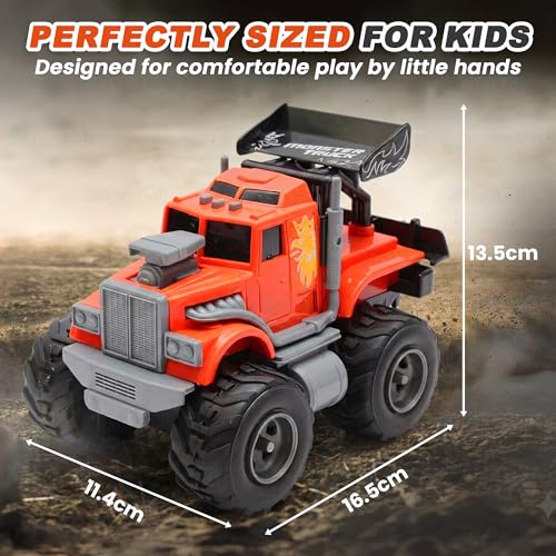 Image of Kidology Monster Truck City Service Friction Car Toy | Push & Go All-Terrain Off-Road Vehicle with Flashing Lights & Sounds | Heavy-Duty Big Wheel Action Toy for Kids (Orange)