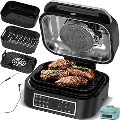 Grill und Heißluftfritteuse TurboAir 1800W, bis zu 6,5 L Volumen mit digitalem Temperaturfühler & Knusperplatte Fleischthermometer Elektrogrill Tischgrill Air Fryer heißluft fritteuse – Bild 3