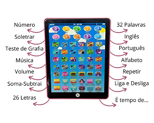 Brinquedo Tablet Interativo Bilíngue Educacional Infantil 3 Cores (Rosa)
