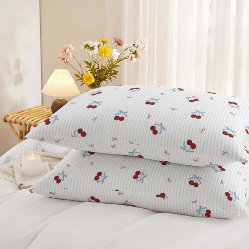 Image of Nayoroom Blue Striped Bow Duvet Cover Queen Size Red Cherry Duvet Cover 3 Pieces Soft Lightweight Microfiber Girls Cute Aesthetic Dorm Bedding Set with Zipper Closure