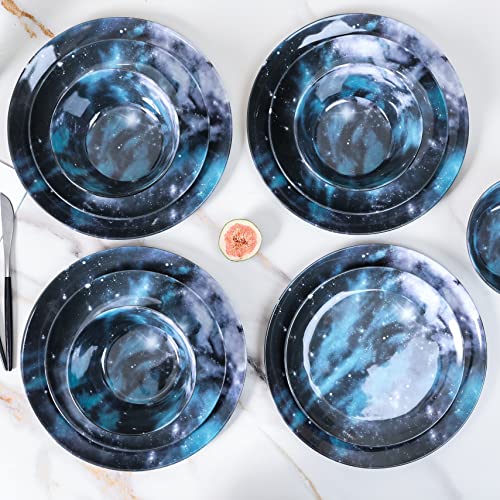 Melamine Dinnerware Sets,12Pcs Melamine Plates And Bowls Set, Indoor And Outdoor Use,Dishwasher Safe,Nebula Design(Black&Blue) #TOP5