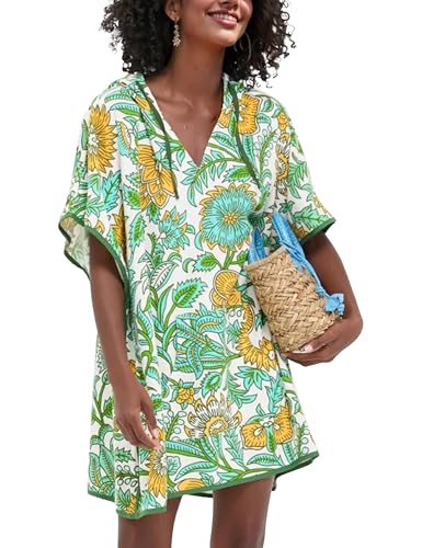 RIATOUR Women's Summer Terry Cloth Beach Swimsuit Cover Up Hooded V Neck Swimwear Dress Resort Wear with Pocket (Green-M)