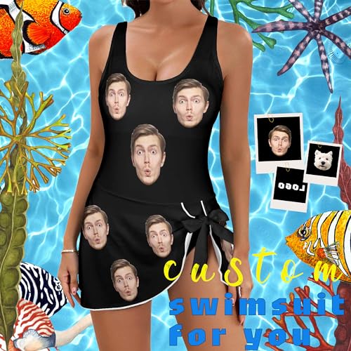 Personalized Face Swimsuit Women's One Piece Skirted Swimsuit Custom Picture Swimwear Bathing Suits with Face Photo2