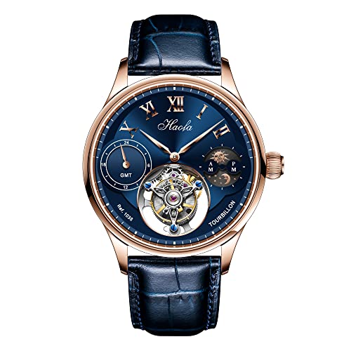 HAOFA 腕時計メンズ トゥールビヨン 機械式 昼と夜 GMT 本革ベルト おしゃれ 防水 高級 紳士腕時計人気 男性プレゼント