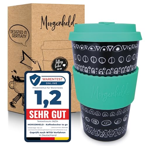 Morgenheld Tazza da Caffè da Asporto "Blacky Ocean" 380ml Porcellana Mug takeaway con tappo in silicone, senza BPA, Coffee-to-go Cup da Viaggio con coperchio, Perfetta per caffè tè e in movimento