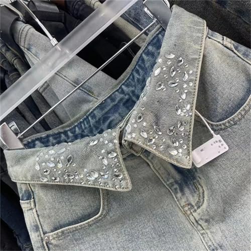 Women's Rhinestones Short Jean Skirt Summer Diamond High Waist Denim A-Line Skirts4