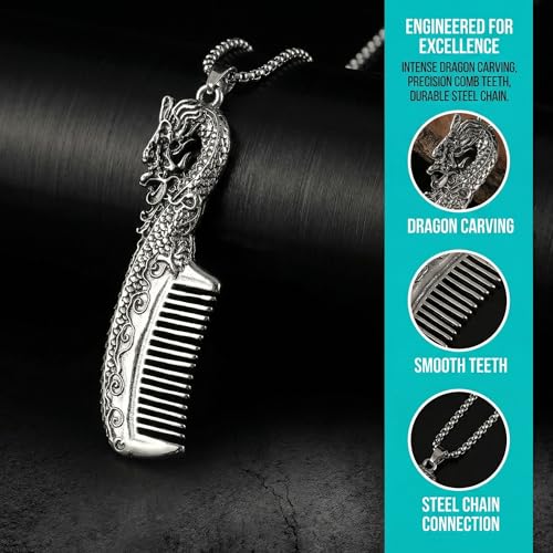Dragon Mustache Comb Necklace for Men - Stainless Steel Pendant with Fine Tooth Comb, Portable Beard Grooming Tool on Chain, Cool Dragon Design Gift for Husband Boyfriend Dad Father — view 2