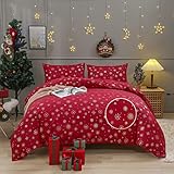 LAMEJOR Christmas Red Duvet Cover Set Queen Size Gold Metallic Print, Foil Print Glitter Snowfalke Pattern, 3-Piece Soft Bedding Set 1 Duvet Cover+2 Pillow Cases