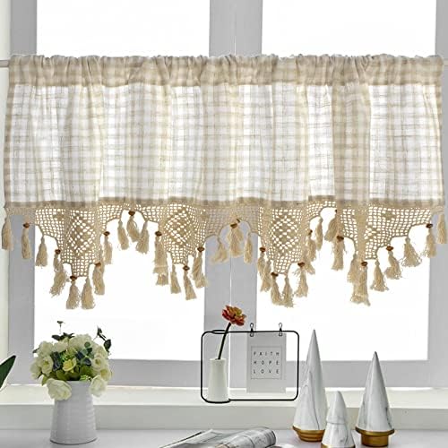 SFJ-CA Beige Valance for Windows Cafe Check Tassels Kitchen Curtain with Rod Pocket Macrame Short Window Treatment 23 x 59 inches, 1 Panel