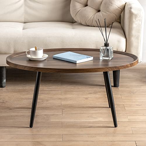 Hollyhome Big Round End Table With Wooden Top, Accent Under Couch Modern Coffee Table With Metal Frame, Indoor&Outdoor Sofa Side Table For Living Room, Bedroom, Patio, 31.5"X21.65"X15", Walnut #TOP1