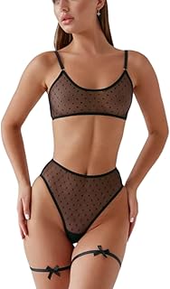 ROSVAJFY Damen Sexy Dessous Set Transparentem Tüllstoff Mesh mit Beinringen Unterwäsche Push Up BH und Hoch Tailliertem Ta...