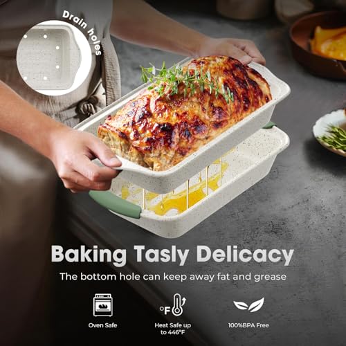 Slow Slog 11-Piece Non-Toxic Baking Set, Stackable Nonstick Cookware with Heat-Resistant Handles - Includes Cookie Tray, Round Cake Pan, Muffin Cups, Pizza Pan & Loaf Baker, White&Light Green - Thumbnail 7