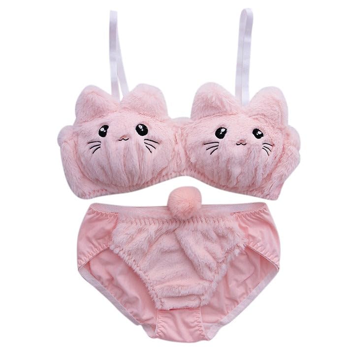 Image of Cute Kawaii Lingerie Set - Plush Kitty Design Adorable Bra and Panty Set in Soft Pink and Cream - Cosplay Lingerie Honeymoon Date Night Couple Gift Sexy Lingerie for Women