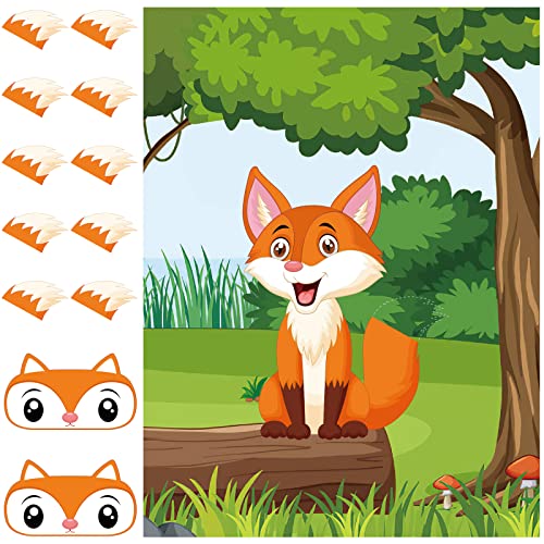 ASTARON Pin The Tail on The Fox Party Game with 30 Tail Stickers for Forest Farm Birthday Supplies Pin Game, Boys Girls Animal Party Favors Christmas Decorations