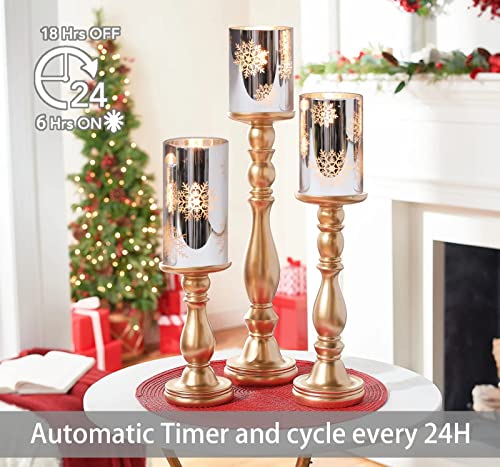 Immeiscent Christmas Flameless Candles,Snowflake Electroplate Glass Candle, Battery Candle With Timer&Remote,Realistic Pillar Candle For Xmas,Home Decor,Holiday,Set Of 3 (D 3” X H 4” 5” 6”) #TOP2