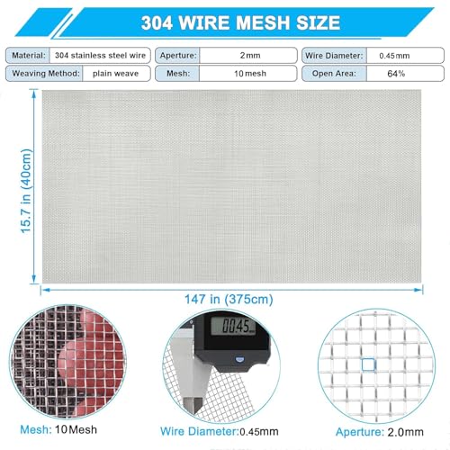 Image of 10 Mesh Stainless Steel Wire Mesh Screen 304, 15.7 inchx 147 inch, 2mm Hole | 0.45mm Sturdy Wire Metal Mesh Sheet, Easy to Cut, Rustproof & Heat-Resisting, for Window Screen, Vent, Cage, BBQ, DIY