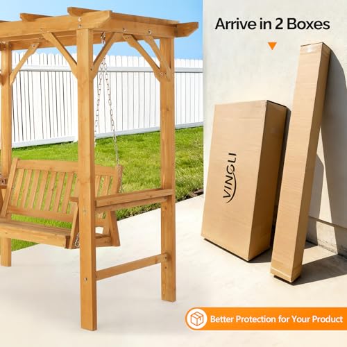 4 FT Wooden Porch Swing with Archway Stand, Outdoor Patio Swing