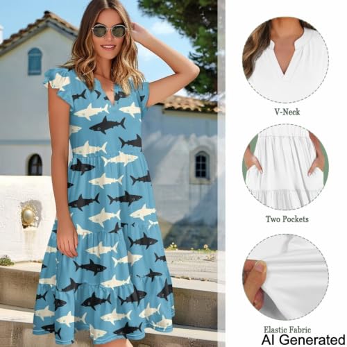 Image of Womens Summer Dress Ruffle Sleeve V Neck Dress Casual Fit Flowy Beach Vacation Sundress with Pocket S-2XL