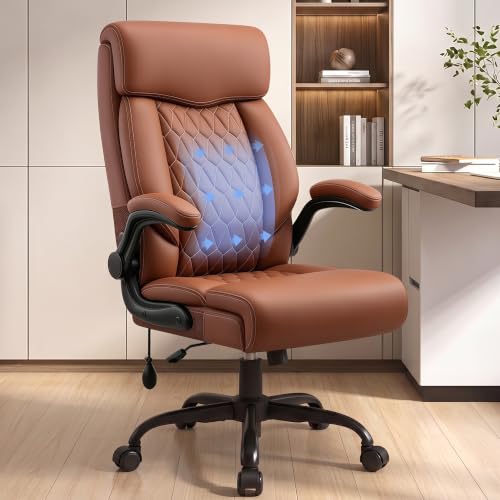 Image of Ergonomic Office Chair with Lumbar Support, Brown | Executive Leather Computer Desk Chair with Flip Up Arm & Rocking Function, High Back Comfortable Gaming Chair for Home Office