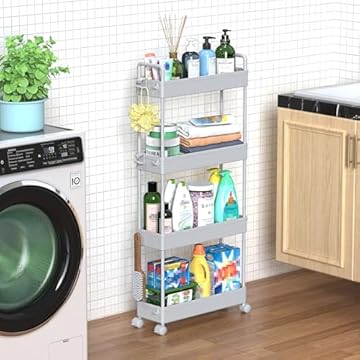 SOLEJAZZ 4-Tier Storage Trolley Cart Slide-out Slim Rolling Utility Cart Mobile Storage Shelving Organizer for Kitchen, Bathroom, Laundry Room, Bedroom, Narrow Places, Plastic, Grey