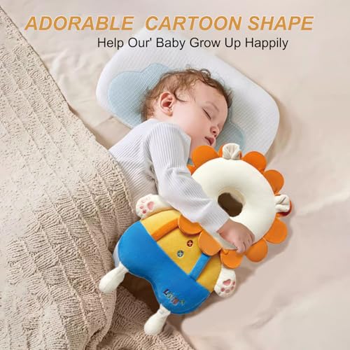 Image of Baby Head Protector Backpack, Toddler Baby Head Protection Backpack with Baby Knee Pads Alarm Function for Walking & Crawling, Soft, Breathable and Wearing Safety Baby Head Protector-Yellow Lion