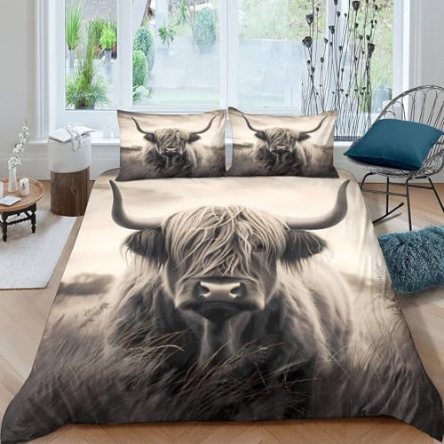 Housse de couette 135x200 vache des Highlands lit simple microfibre 3D pour ado