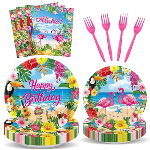 Jremreo 100 Pcs Tropical Aloha Flamingo Birthday Party Supplies Set - Serves 25, Hawaiian Luau Disposable Tableware, Includes Paper Plates, Napkins, Forks for Summer Beach Birthday Pool Decorations