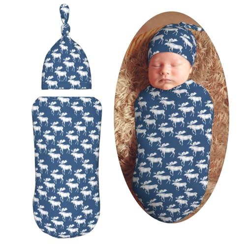 Image of Painting Mooses Newborn Swaddle Blankets Hat Sets Soft Baby Receiving Blanket Swaddle Sack for Baby Shower Infant Boy Girl Gift