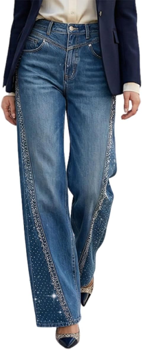 Women's Wide-Leg Jeans with Rhinestone Decorations， High Waisted Stretchy Baggy Jeans Glitter Flare Denim Pants