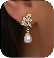 14K Gold Plated CZ Accented Pearl Drop Dangle Earrings - Wedding Bridal Bridesmaid Jewelry for Women