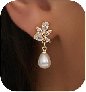 14K Gold Plated CZ Accented Pearl Drop Dangle Earrings - Wedding Bridal Bridesmaid Jewelry for Women