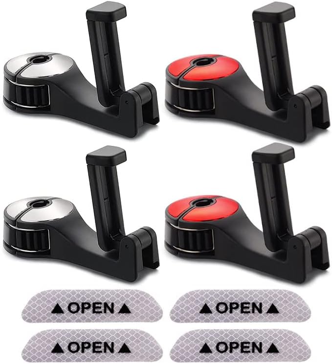 Anlising 4PCS Car Seat Hooks,2 in 1 Car Headrest Hidden Hook with Phone Holder,360° Rotation Car Headrest Hook,Car Seat Storage Hook,Send 4PCS Reflective Stickers,for Purse,Backpacks,Coat (Silver,Red)
